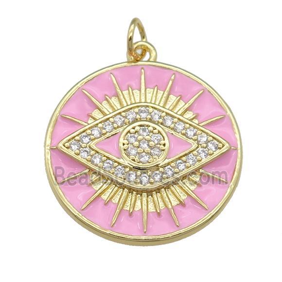 copper Circle Eye pendant paved zircon with pink enamel, gold plated