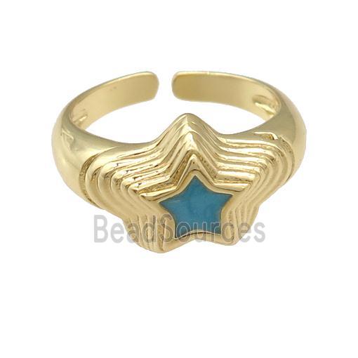 copper star Ring with teal enamel, gold plated