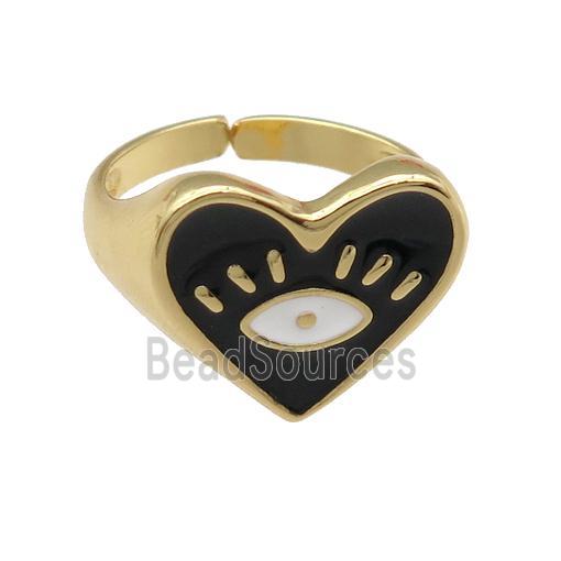 copper Ring with black enamel heart, gold plated