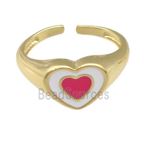 copper Ring with red enamel heart, gold plated