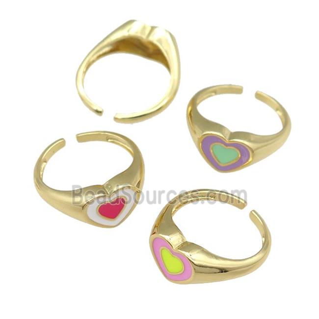 copper Ring with enamel heart, gold plated, mixed