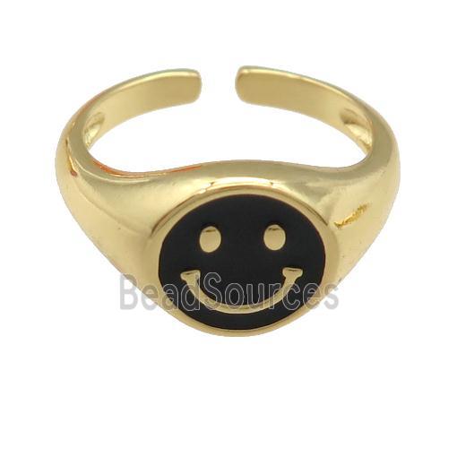 copper Ring with black enamel emoji, gold plated