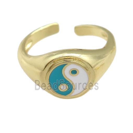 copper Ring with teal enamel taichi, gold plated