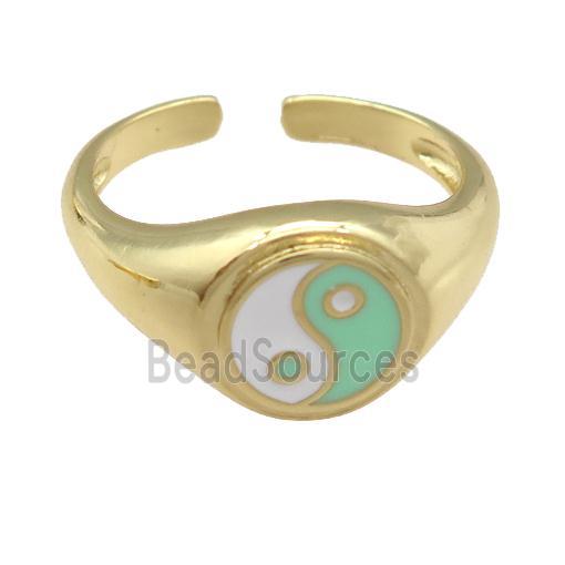 copper Ring with green enamel taichi, gold plated