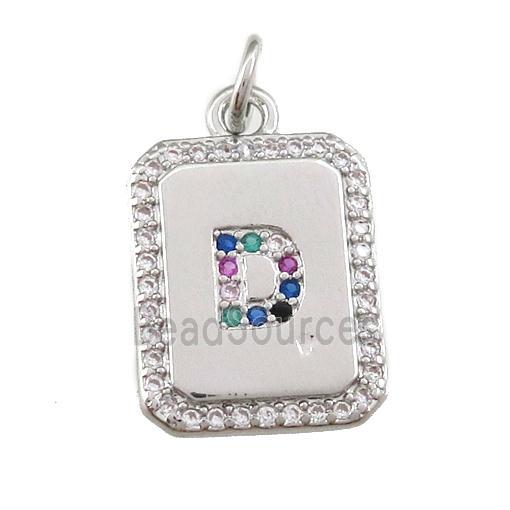 copper Letter-D pendant paved zircon, rectangle, platinum plated