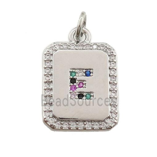 copper Letter-E pendant paved zircon, rectangle, platinum plated