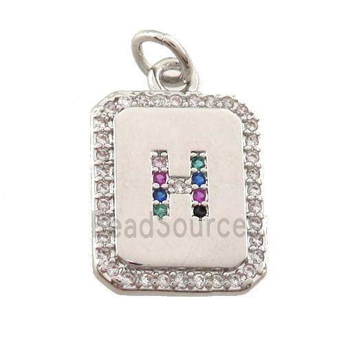 copper Letter-H pendant paved zircon, rectangle, platinum plated