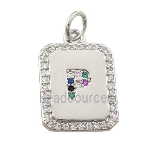 copper Letter-P pendant paved zircon, rectangle, platinum plated