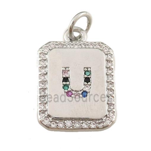 copper Letter-U pendant paved zircon, rectangle, platinum plated