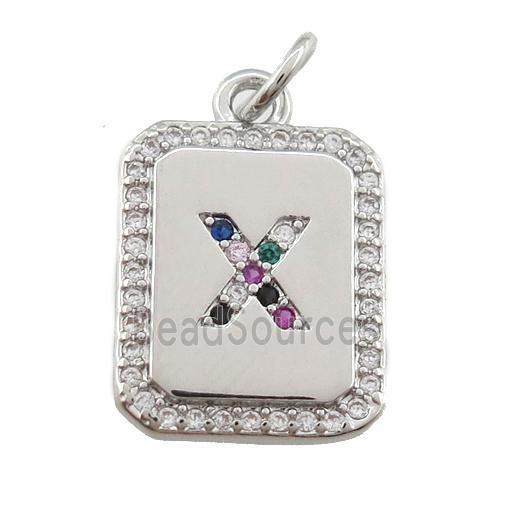 copper Letter-X pendant paved zircon, rectangle, platinum plated