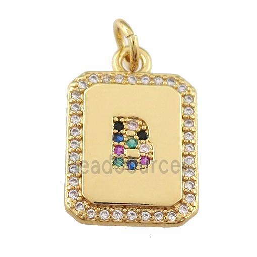 copper Letter-B pendant paved zircon, rectangle, gold plated