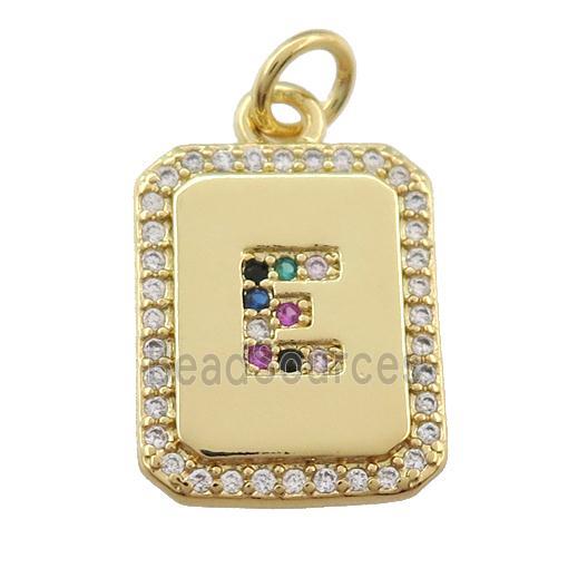 copper Letter-E pendant paved zircon, rectangle, gold plated