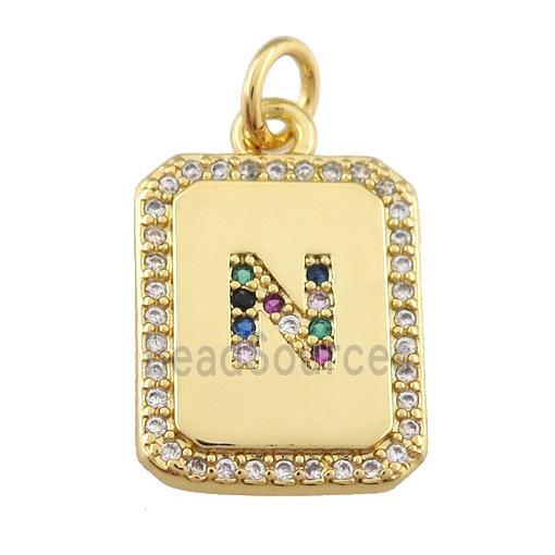 copper Letter-N pendant paved zircon, rectangle, gold plated