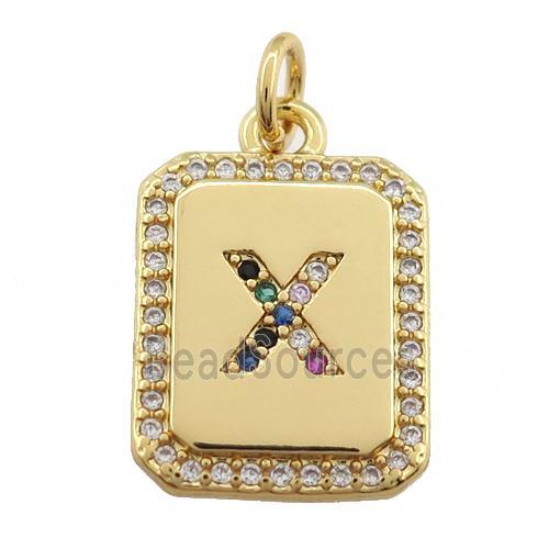 copper Letter-X pendant paved zircon, rectangle, gold plated