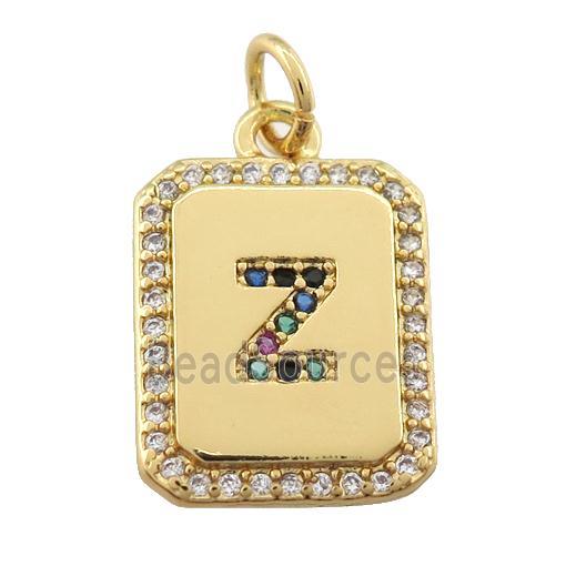 copper Letter-Z pendant paved zircon, rectangle, gold plated