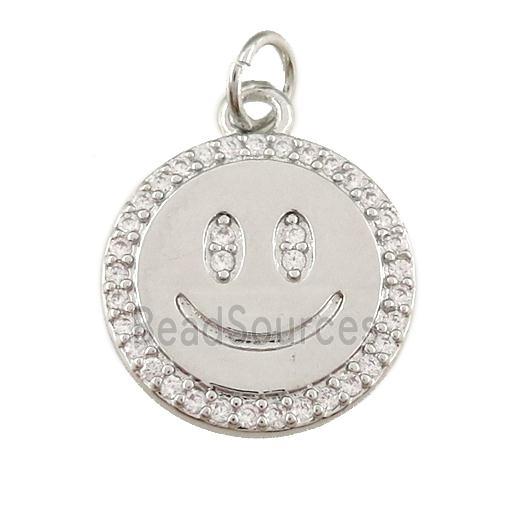 copper Emoji pendant paved zircon, happiness face, platinum plated