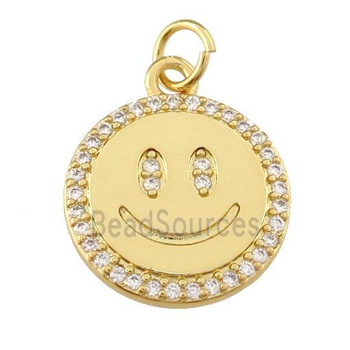 copper Emoji pendant paved zircon, happiness face, gold plated