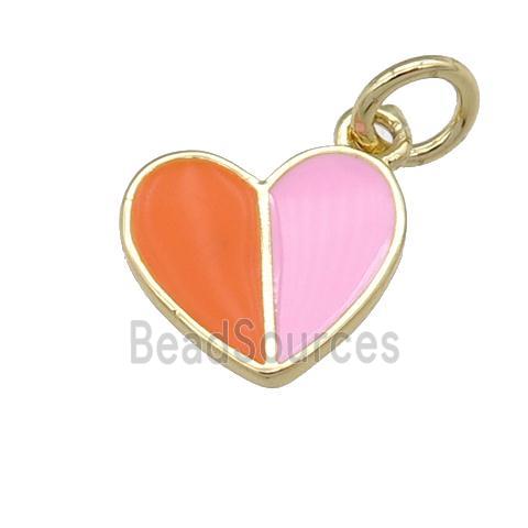 copper Heart pendant with orange pink enamel, gold plated