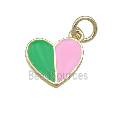 copper Heart pendant with green pink enamel, gold plated