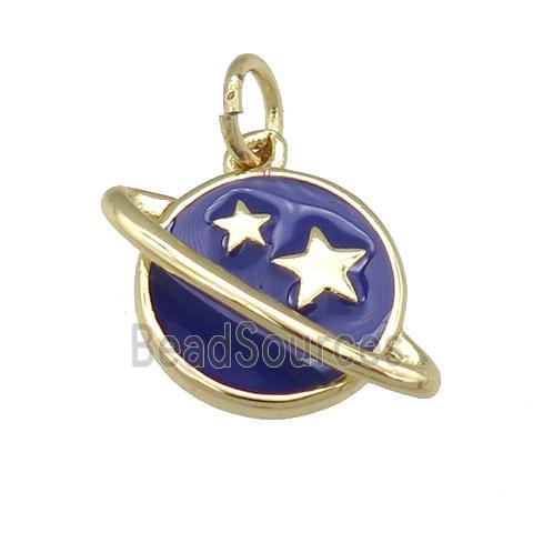 copper Planet pendant with purple enamel, star, gold palted