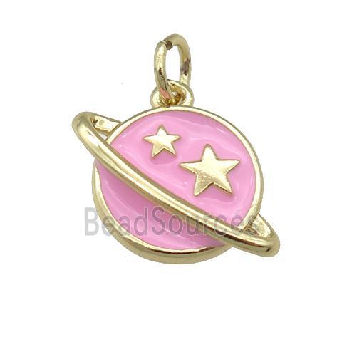 copper Planet pendant with pink enamel, star, gold palted