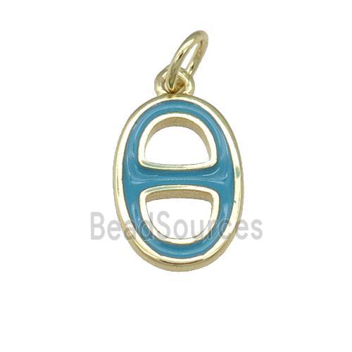 copper nose pendant with teal enamel, gold plated