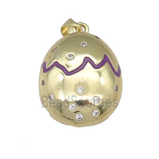 copper Egg pendant paved zircon with purple enamel, gold plated