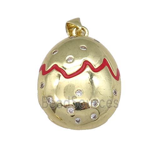 copper Egg pendant paved zircon with red enamel, gold plated