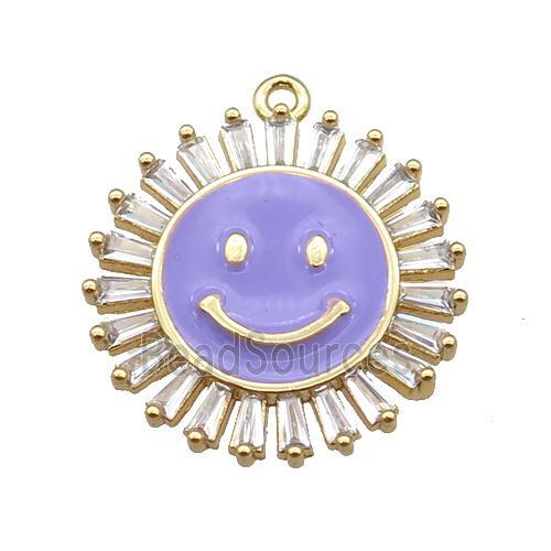 copper Emoji pendant paved zircon with lavender enamel, gold plated