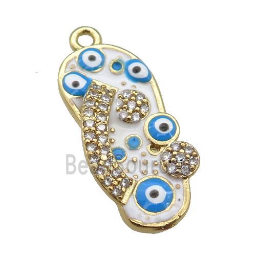 copper Shoe pendant paved zircon with white enamel, evil eye, gold plated