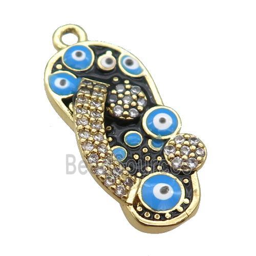 copper Shoe pendant paved zircon with black enamel, evil eye, gold plated