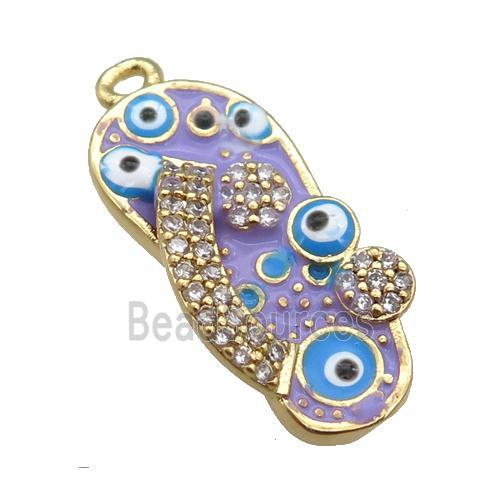 copper Shoe pendant paved zircon with lavender enamel, evil eye, gold plated