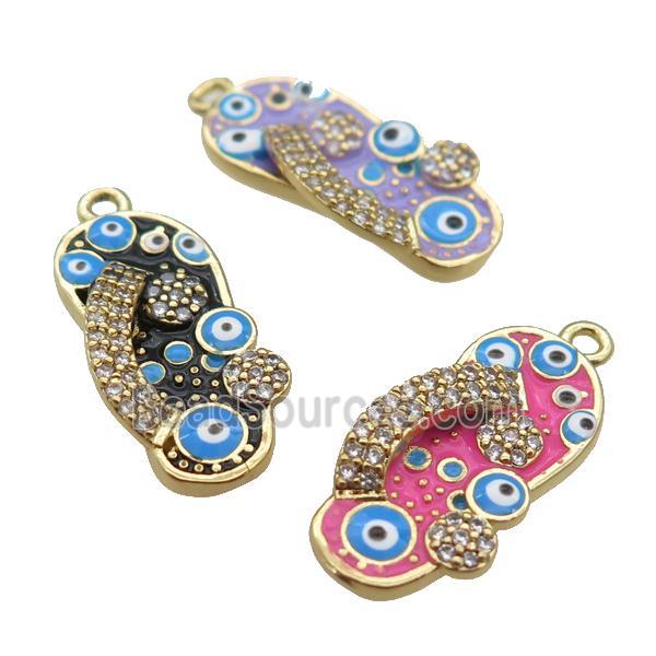 copper Shoe pendant paved zircon with enamel, evil eye, gold plated, mixed