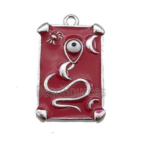 copper Tarot Card pendant with red enamel, platinum plated