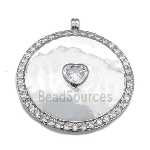 copper circle pendant paved zircon with heart, platinum plated