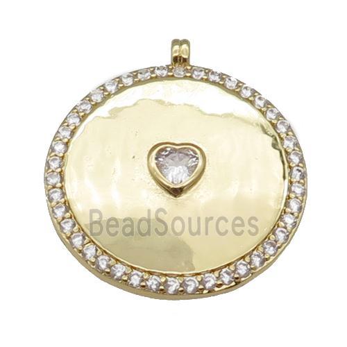 copper circle pendant paved zircon with heart, gold plated