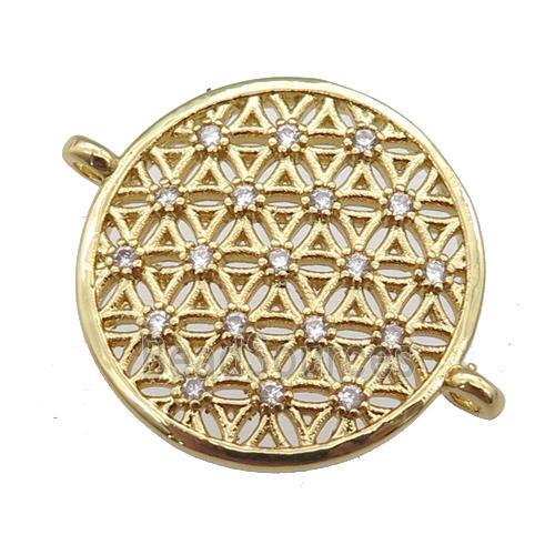 copper circle connector paved zircon, flower of life, gold plated