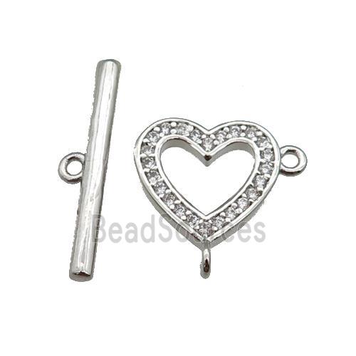 copper Toggle Clasp paved zircon, heart, platinum plated