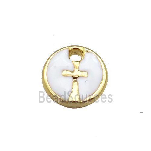 copper cross pendant with white enamel, circle, gold plated