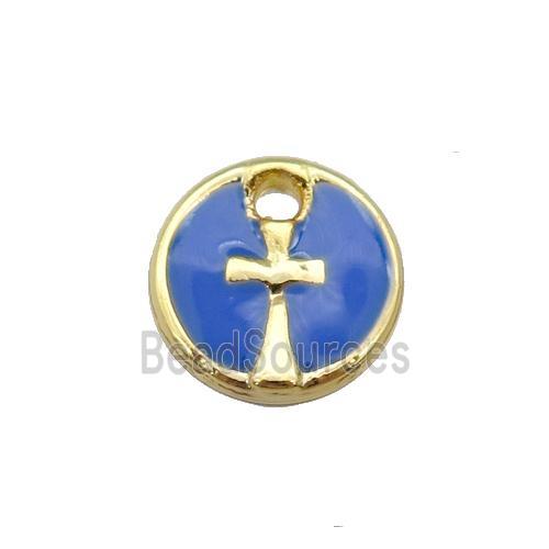 copper cross pendant with blue enamel, circle, gold plated