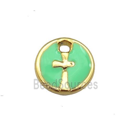 copper cross pendant with green enamel, circle, gold plated