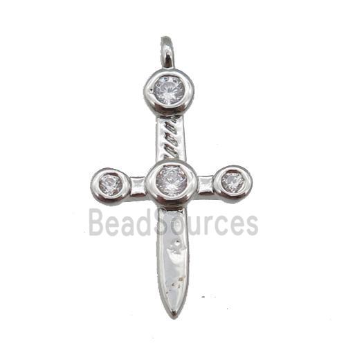 copper sword pendant paved zircon, platinum plated