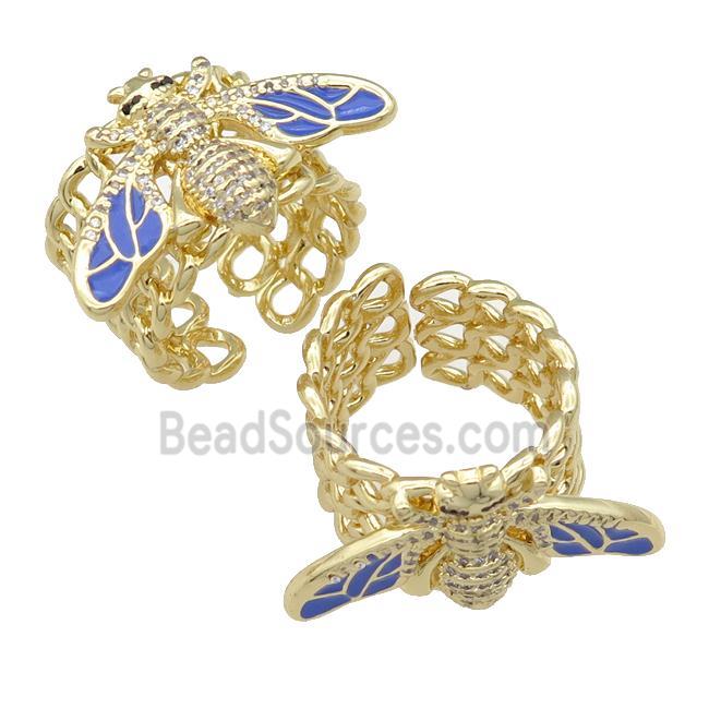 copper Ring paved zircon with blue enamel honeybee, gold plated