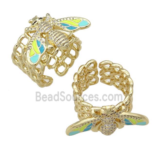 copper Ring paved zircon with enamel honeybee, gold plated