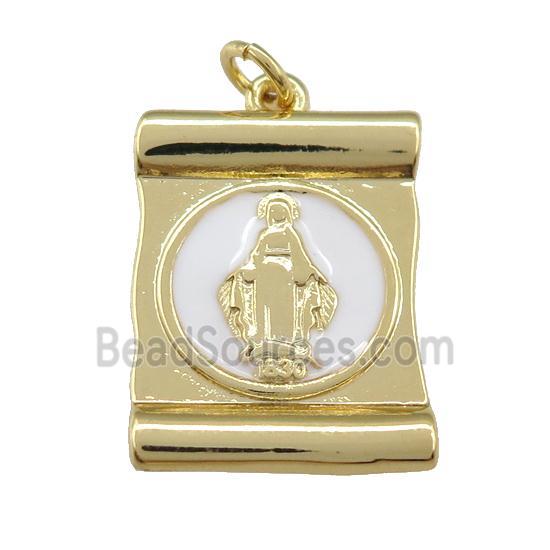 copper Virgin Mary pendant with white enamel, gold plated