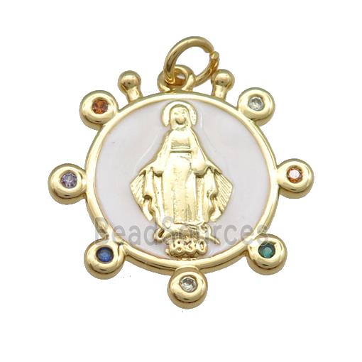 copper Virgin Mary pendant with white enamel, gold plated