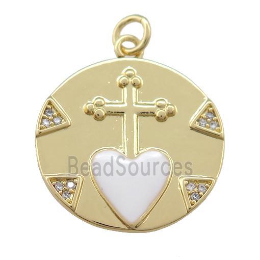 copper circle pendant with cross, white enamel heart, gold plated