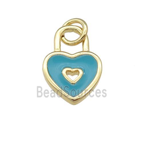 copper Heart Lock pendant with teal enamel, gold plated