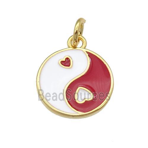 copper Taichi pendant, yinyang, red enamel, gold plated