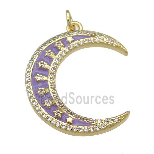 copper crescent Moon pendant paved zircon with lavender enamel, gold plated